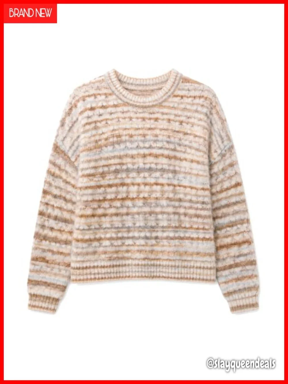 Striped Cable Knit Chunky Pullover Sweater Crewneck Long Sleeve Fall Winter Top